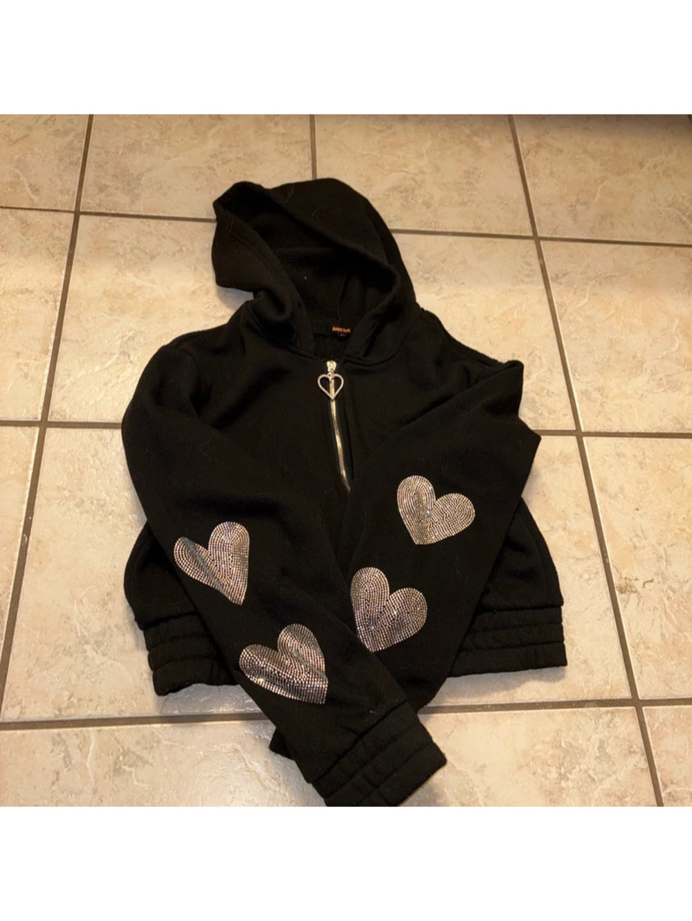 Alternative Black Cropped Hoodie with Bedazzled Heart Sleeves